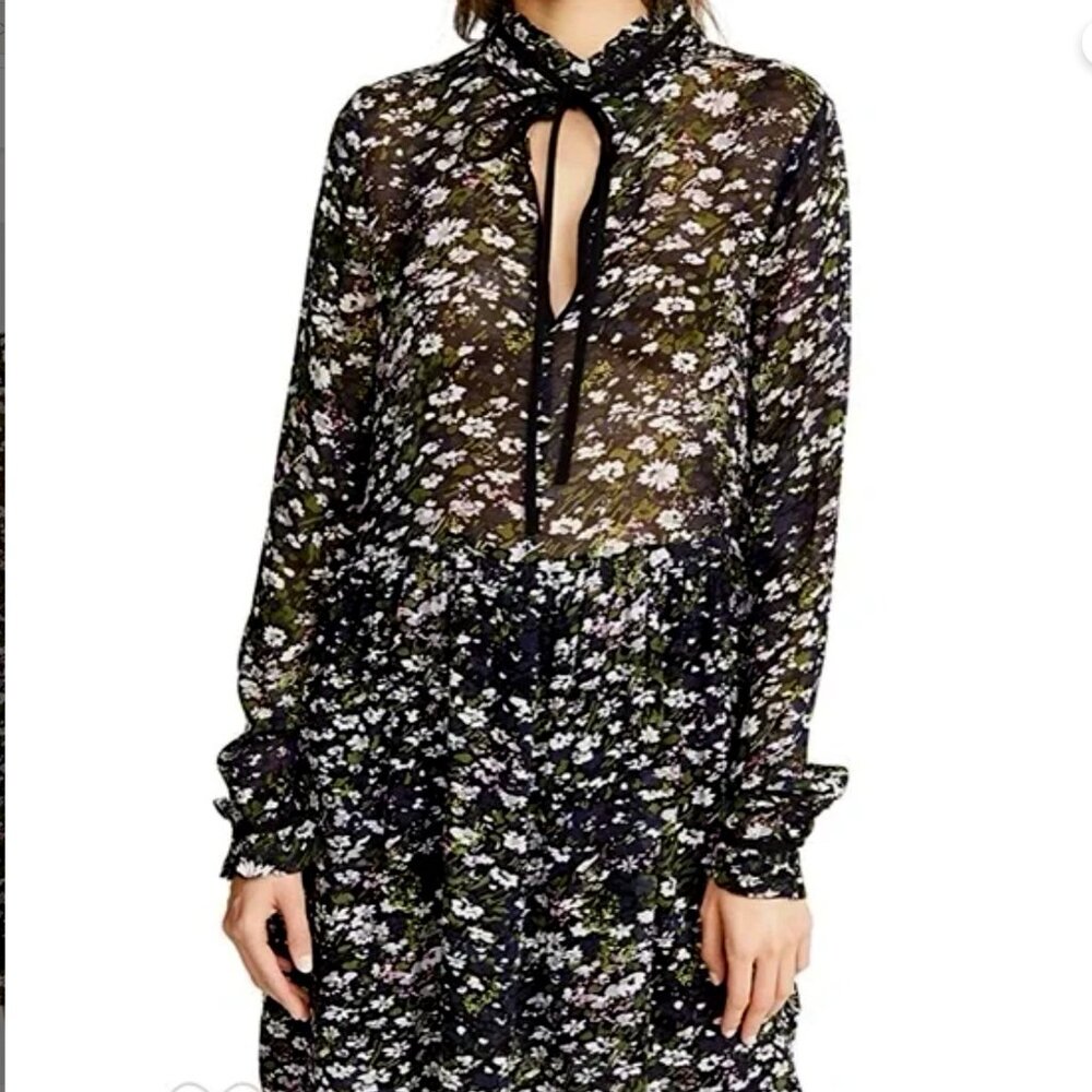 Ganni Bow Neck Black Floral Print Georgette Mini Dress Size 34 (US 2)